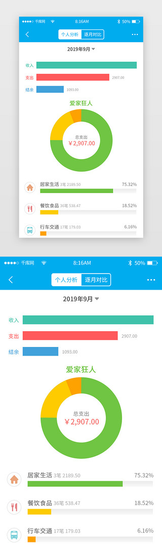 资产UI设计素材_蓝色简约记账app详情页