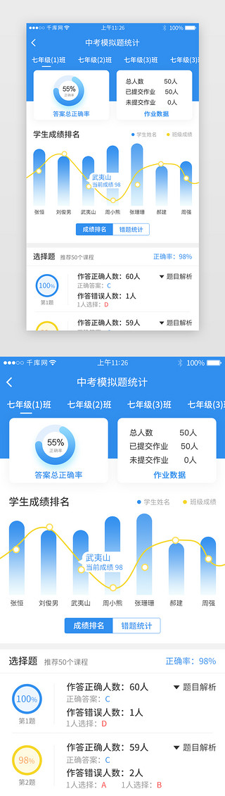 练习走路UI设计素材_蓝色系作业学习app详情页