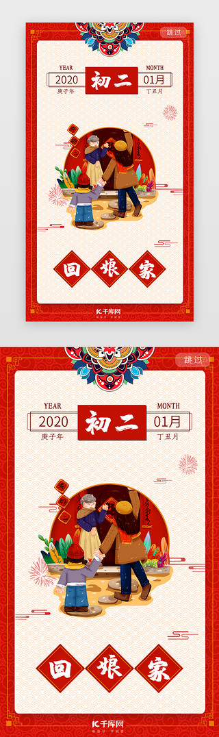 年初一祝UI设计素材_红色大年初二系列闪屏年俗