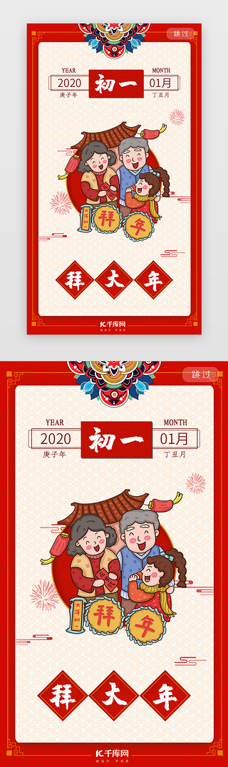 年俗春节UI设计素材_红色大年初一系列闪屏年俗