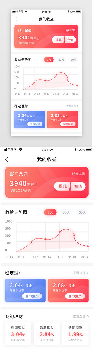 红色简约金融理财APP移动界面我的收益