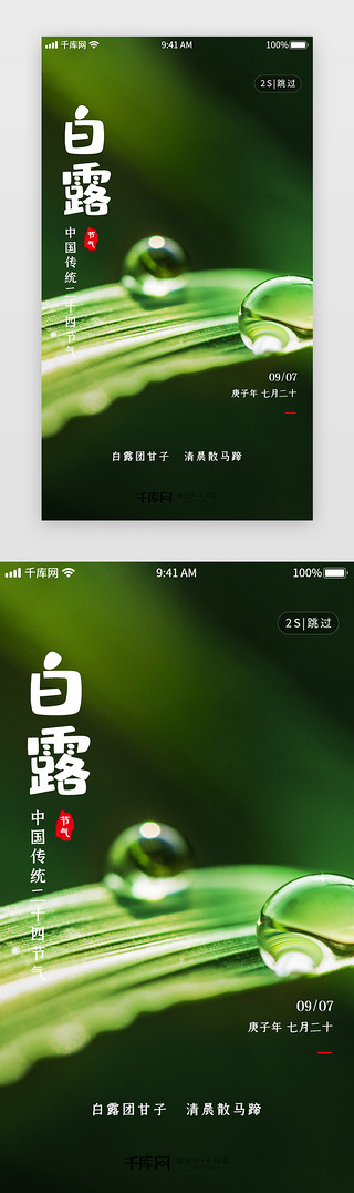 白露UI设计素材_绿色摄影风写实白露节气闪屏海报