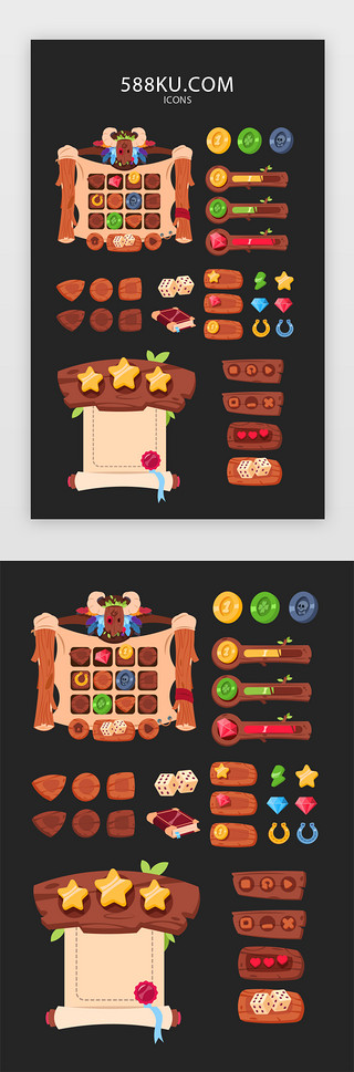 摇骰子UI设计素材_木质卡通游戏按钮