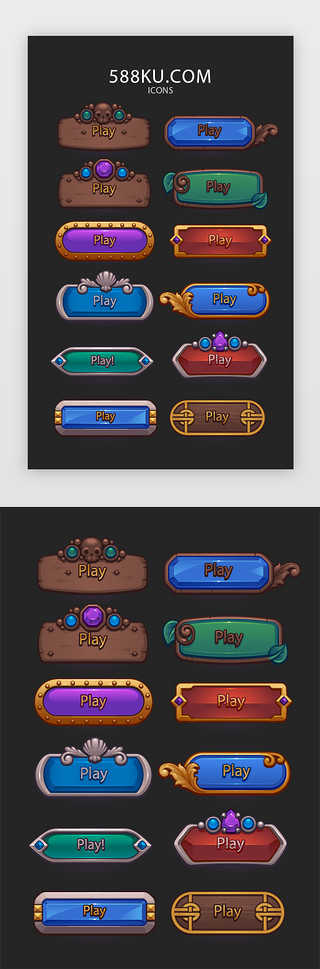 质感金属UI设计素材_多色面型质感游戏按钮图标icon
