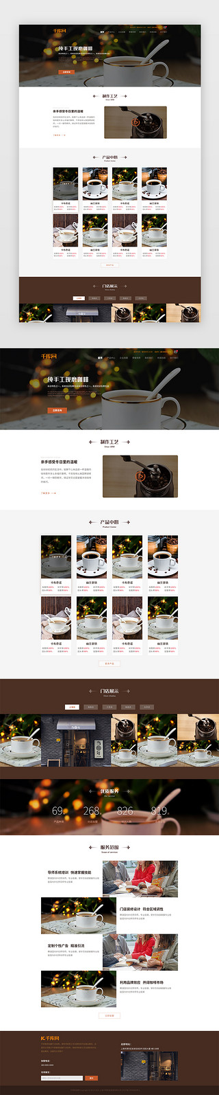 冲咖啡步骤UI设计素材_棕色简约大气饮品类咖啡加盟官网首页