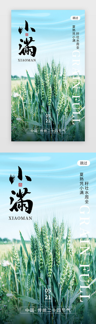 小满饮食UI设计素材_二十四节气小满app闪屏创意绿色小麦