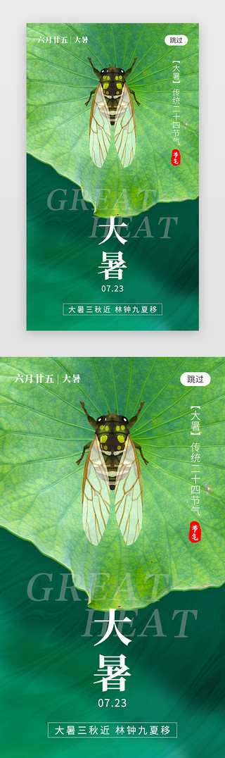 大暑扇子UI设计素材_二十四节气大暑app闪屏创意绿色荷叶