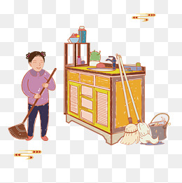 中国风手绘打扫卫生小女孩日常场景