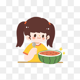 手绘 夏天卡通女孩吃西瓜矢量图