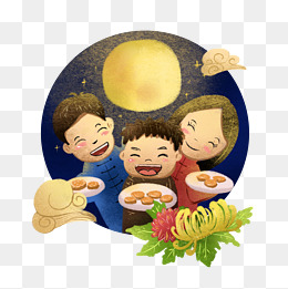 八月十五中秋节温馨插画一家三口吃月饼