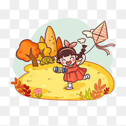 秋日金色大地放风筝小女孩插画