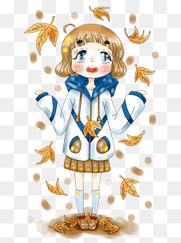 卡通厚涂手绘秋天小女孩png