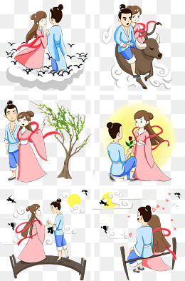 七夕牛郎织女鹊桥会插画