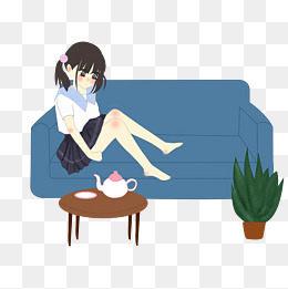 周末休闲时光坐在沙发上喝茶的女孩插画png