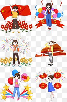 手绘国庆节女孩庆祝节日场景插画