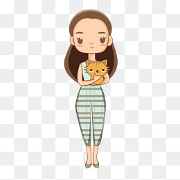 卡通插画抱着猫咪的女孩