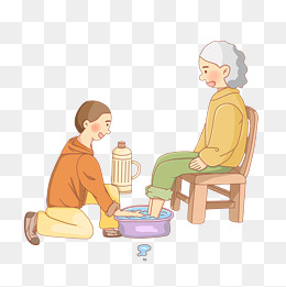 重阳重阳节暖色黄色老人子女洗脚泡脚卡通手绘免扣插画