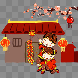 新年放鞭炮卡通双人图