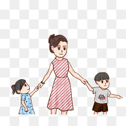母亲牵着两个孩子手可爱插画