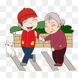 卡通手绘志愿者扶老奶奶过马路