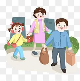 卡通手绘一家人回家过年