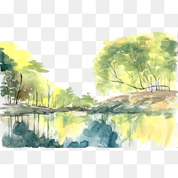 幽静的湖泊水彩画png免抠素材