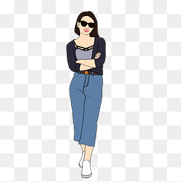 漫画穿蓝色牛仔裤的女生手绘插画双手抱胸png免抠图