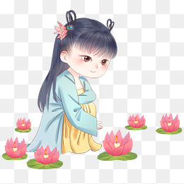 手绘中国风复古汉服小女孩儿点莲花灯许愿过新年