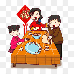 卡通手绘新年家人开心包饺子创意海报