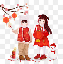 新年母子贴对联孩子放炮竹背景图片免费下载_