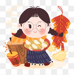 新年萌系女孩包饺子贺春png素材