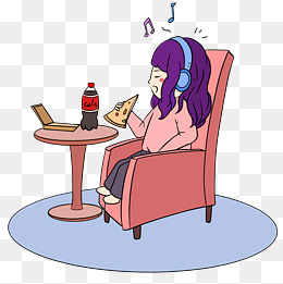 宅在家的小女孩在喝可乐吃披萨手绘插画