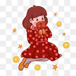 手绘新年卡通收获红包的小女孩素材图片免费下载_高清
