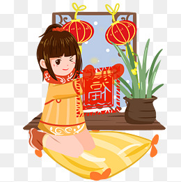 传统习俗贴窗花手绘插画