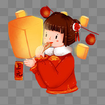 传统节日元宵节放花灯猜灯谜的汉服女孩免抠元