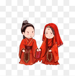 婚嫁新娘新郎夫妻拜天地中国风手绘卡通人物