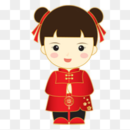 拿着铜钱穿着红色中国服饰合手拜年的小女孩