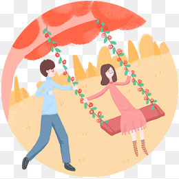 情人节情侣荡秋千手绘人物png素材