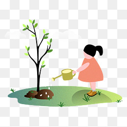 卡通手绘植树节小女孩浇水插画