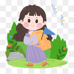 春天卡通女生踏春png素材