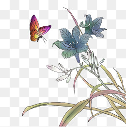 中国水墨蝶恋花国画工笔花鸟png鸢尾花蝴蝶