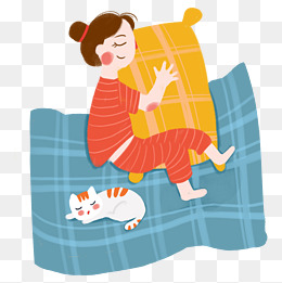 世界睡眠日卡通手绘抱着枕头的睡觉的女孩和宠物猫
