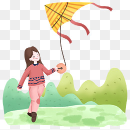 春天小女孩放风筝的场景
