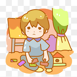 卡通男孩做积木遇到难题png素材