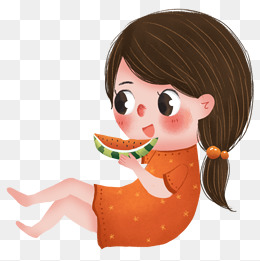 手绘卡通吃西瓜的女孩免扣元素