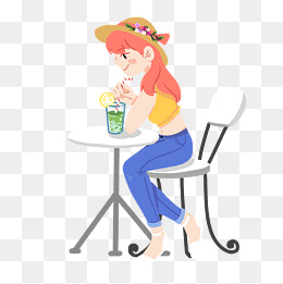 喝饮料女孩卡通插画