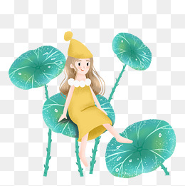 简约坐在荷叶上的女孩插画海报免抠元素