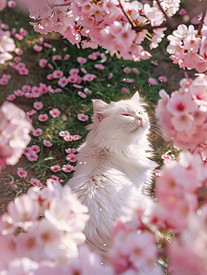 樱花树下白色的猫照片