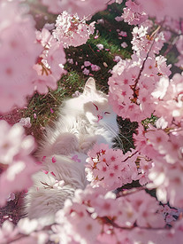 樱花树下白色的猫高清图片