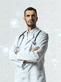 医疗保健 医疗未来技术男医生与听诊器虚拟屏幕